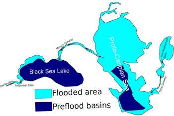Figure 2: The flooding of the Black Sea Lake via the Caspian. Redrawn from Yanko-Hombach et al. (2007) after Chepalyga (2006).